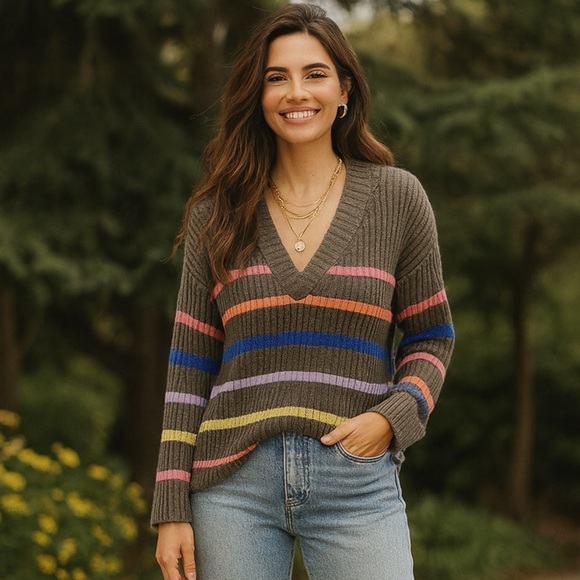 Lisa Todd Neon Stripe V Sweater Size M Gray Pink Cotton Linen Relaxed Maximalist - Picture 2 of 11